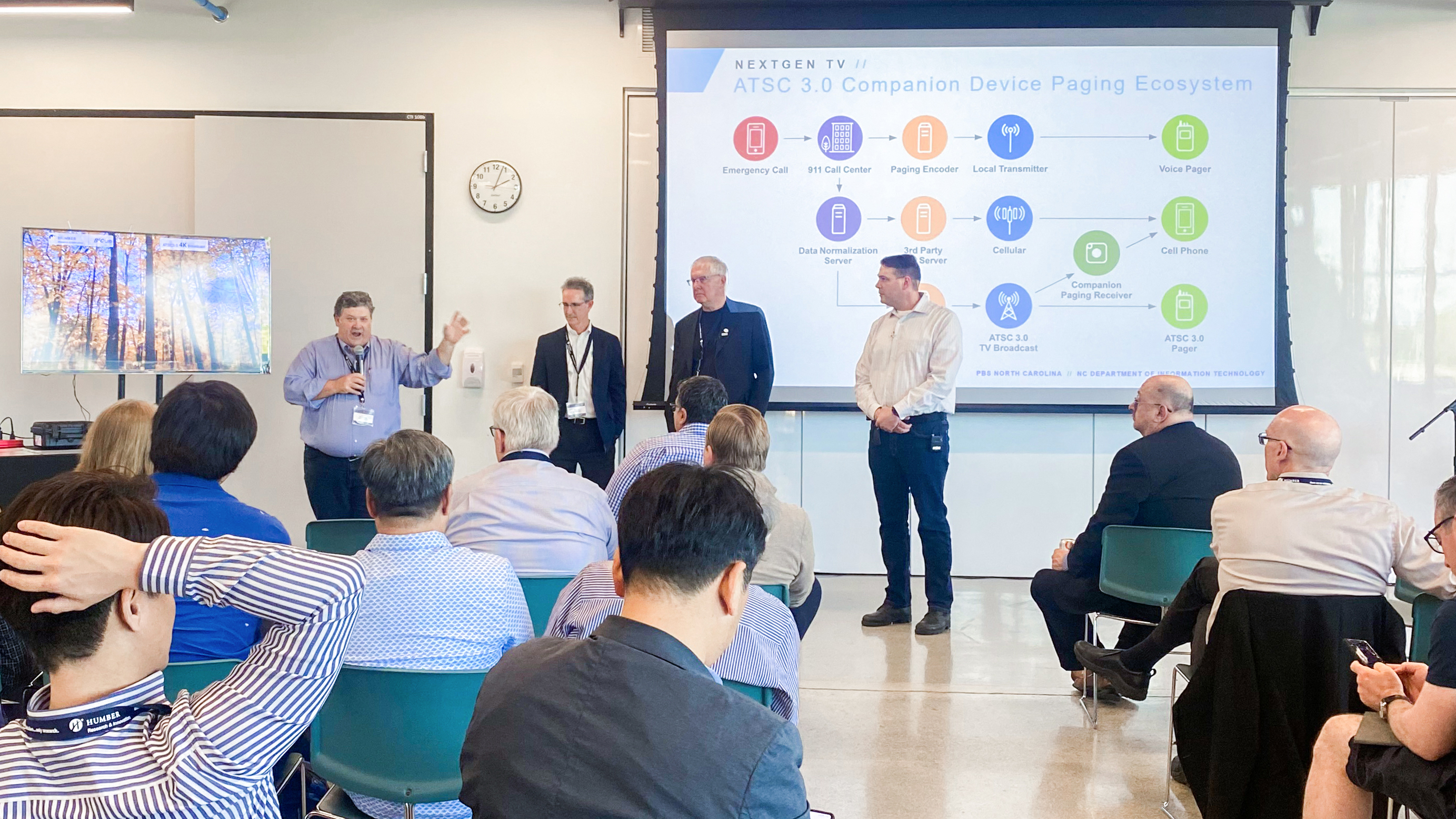 Day 2 of the Open House. Presenting From left to right: Anthony Sammarco, Director of Technology Strategy for Device Solutions Inc. Chris Lamb,Co-Founder and CEO, Device Solutions, CTO, PBS North Carolina, Red Grasso, Director, FirsTech Program, State of North Carolina, and Fred Engel presenting the ATSC 3.0 First Responder Demo 