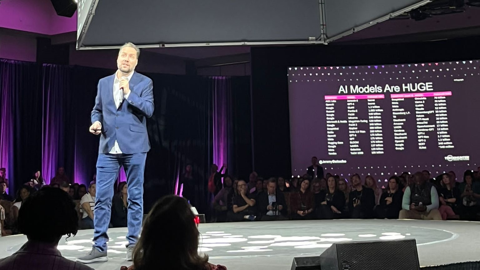 A man in a blue suit stands on a large stage