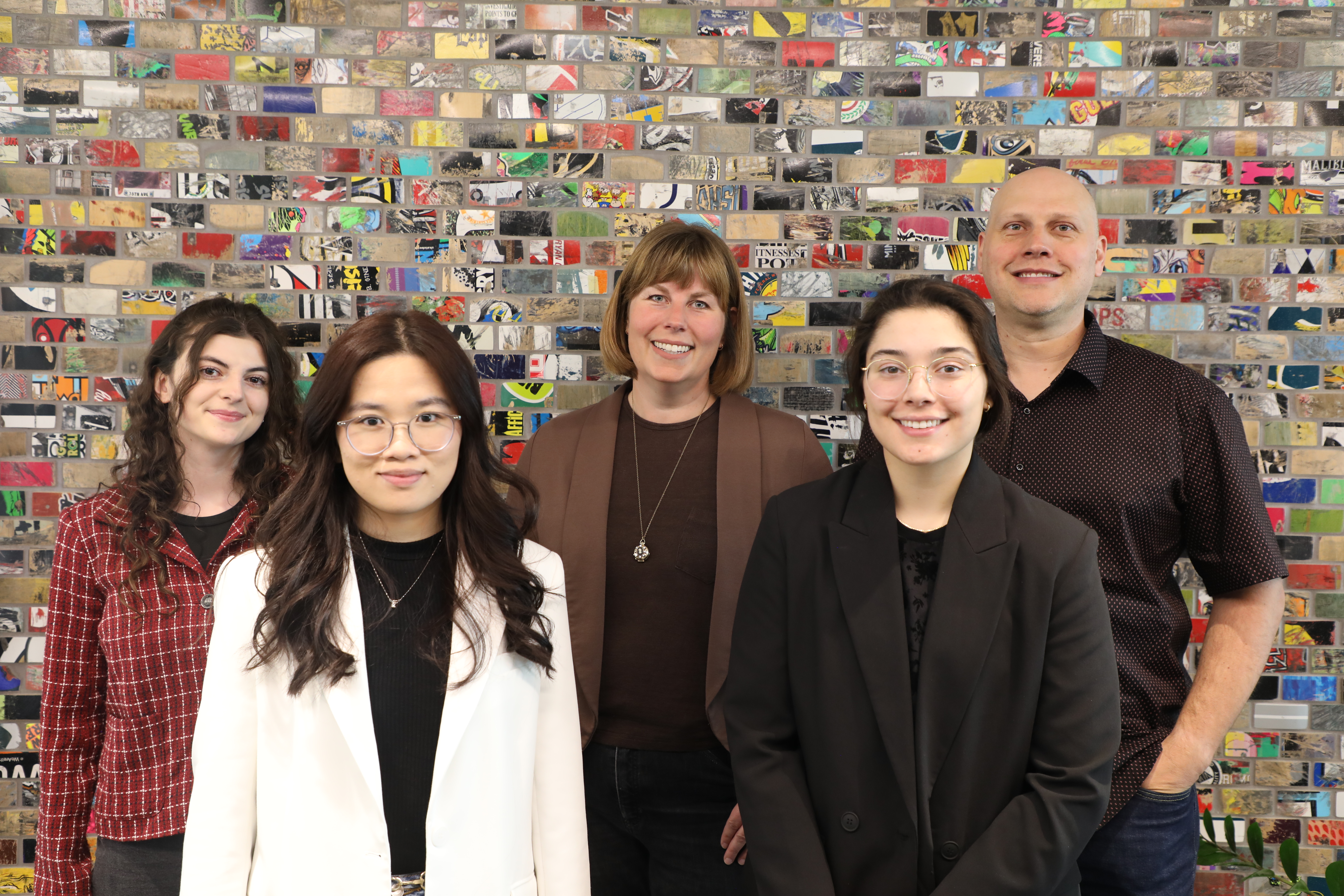 From left to right: Emma Duke (student research partner), Linh Bui (student research partner), Erika Smith (Educational Development Consultant (SoTL) at the Taylor Institute for Teaching and Learning, University of Calgary), Aliya Jomha (student research partner), and Richard Hayman (Associate Professor and Digital Initiatives Librarian, MRU).