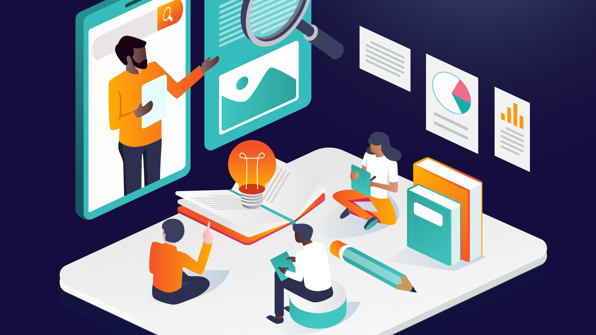 An illustration of people sitting around an virtual instructor