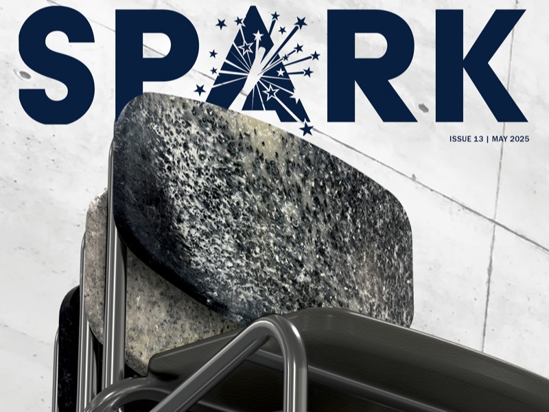 The cover of SPARK 13 shows a stack a grey metal stacking side chairs