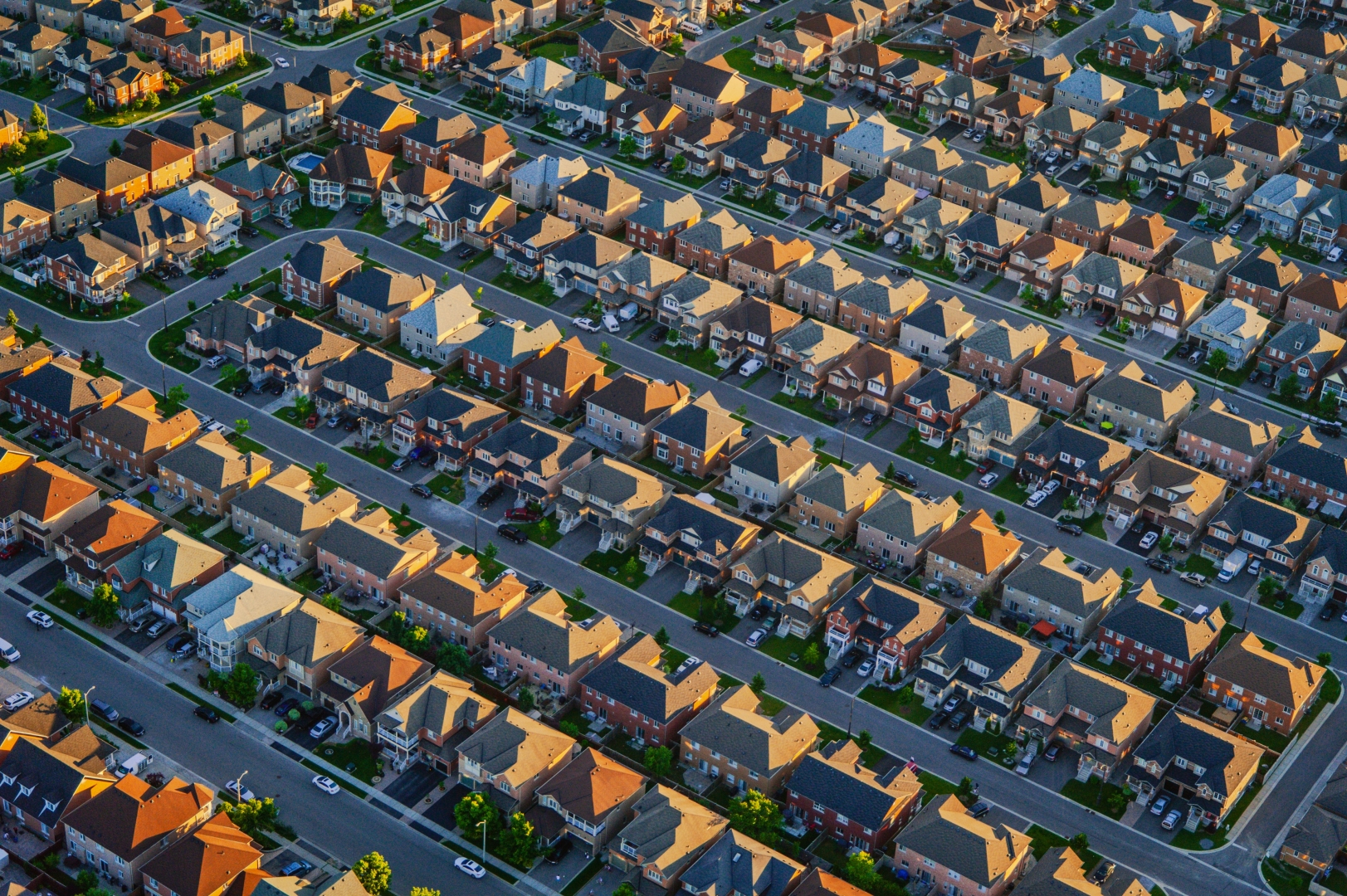 An ariel view of suburban homes.