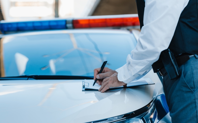 A police officer writes on a clipboard in front of a police car