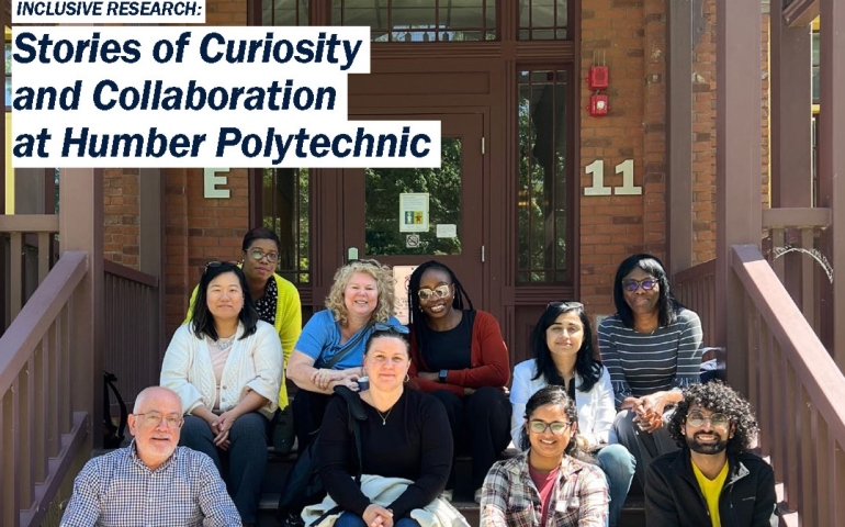 10 people sit on the steps of Lakeshore cottage E. The text reads:" Inclusive Reseach: Stories of Curiosity and Collaboration at Humber Polytechnic"