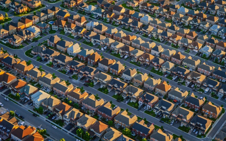 An ariel view of suburban homes.